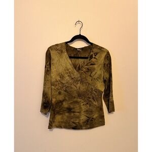 Only Nine Women's Burgandy Tie Dye 3/4 Sleeve V-Neck Blouse s PL